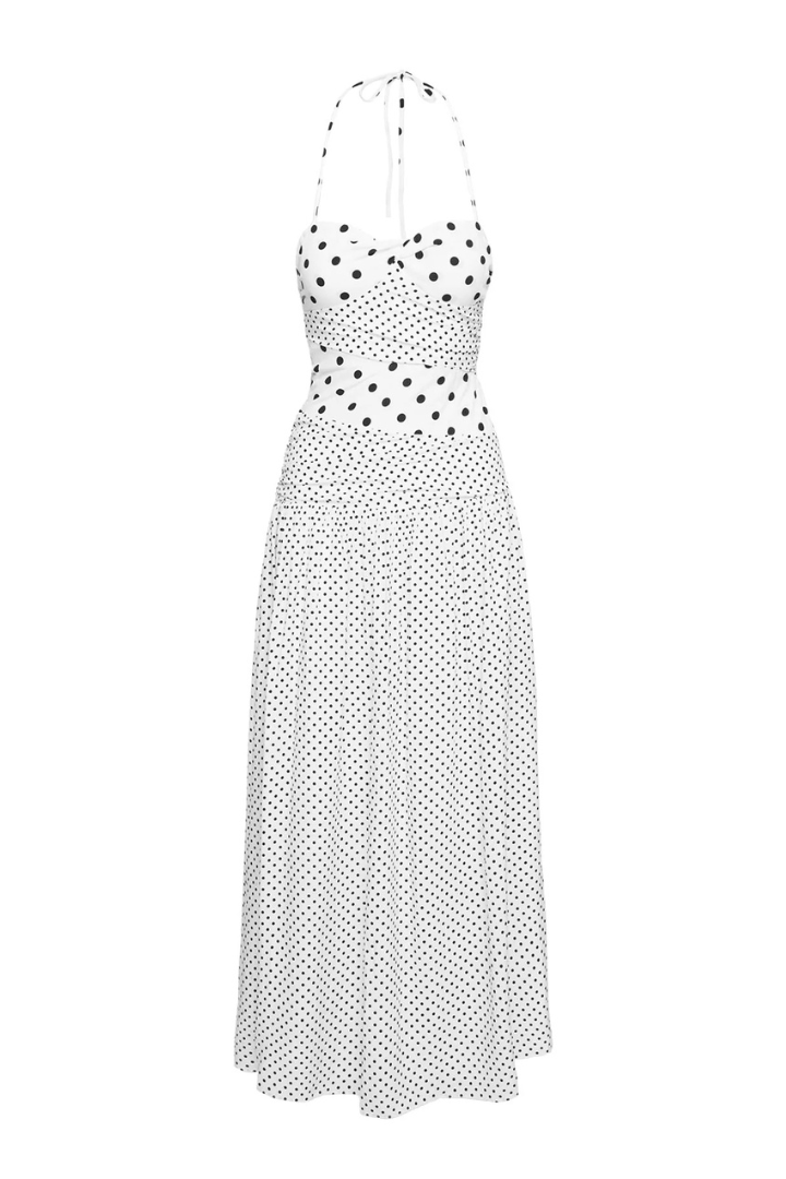 Sienna - Halter Maxi Dress White Polka